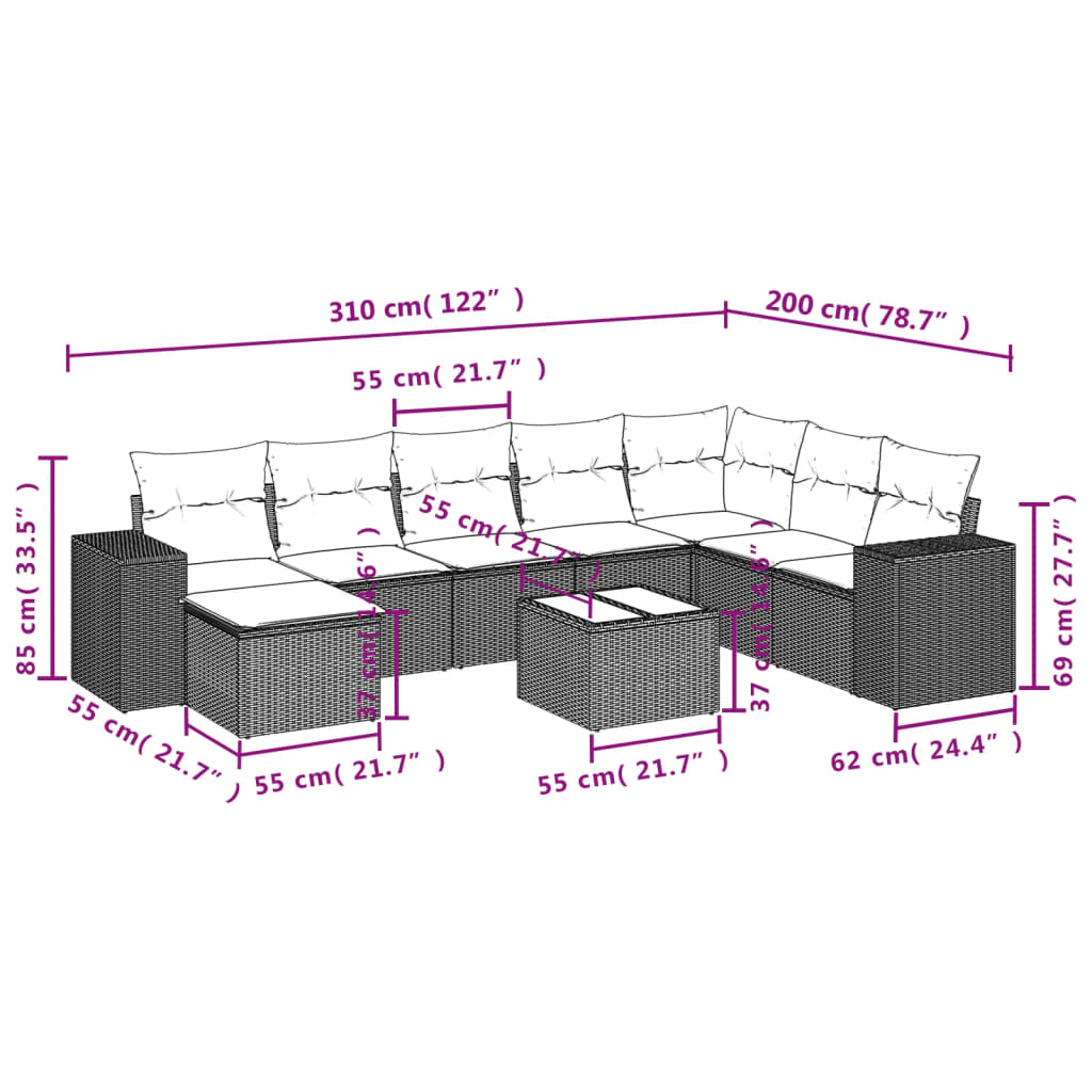 9-teiliges Gartensofa-Set mit Kissen, schwarzes Polyrattan