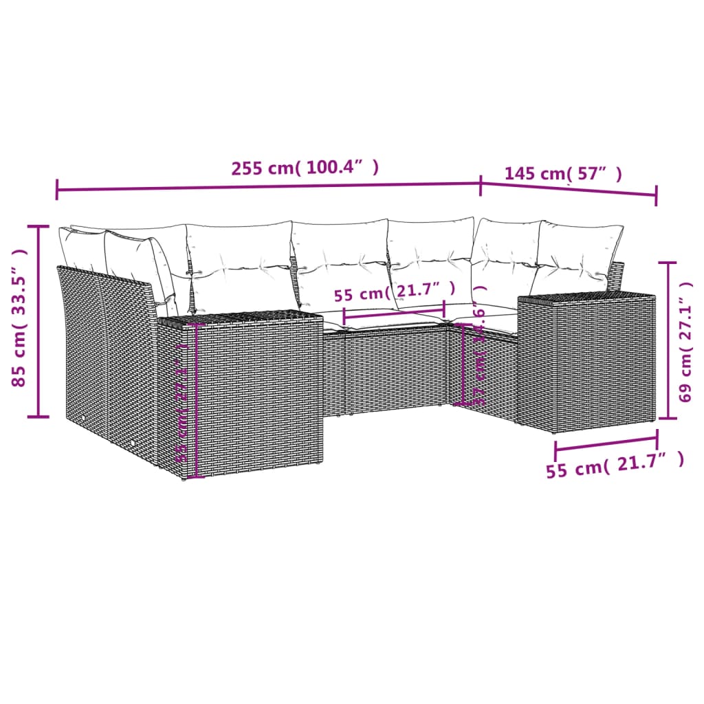 6-teiliges Gartensofa-Set mit Kissen, schwarzes Polyrattan