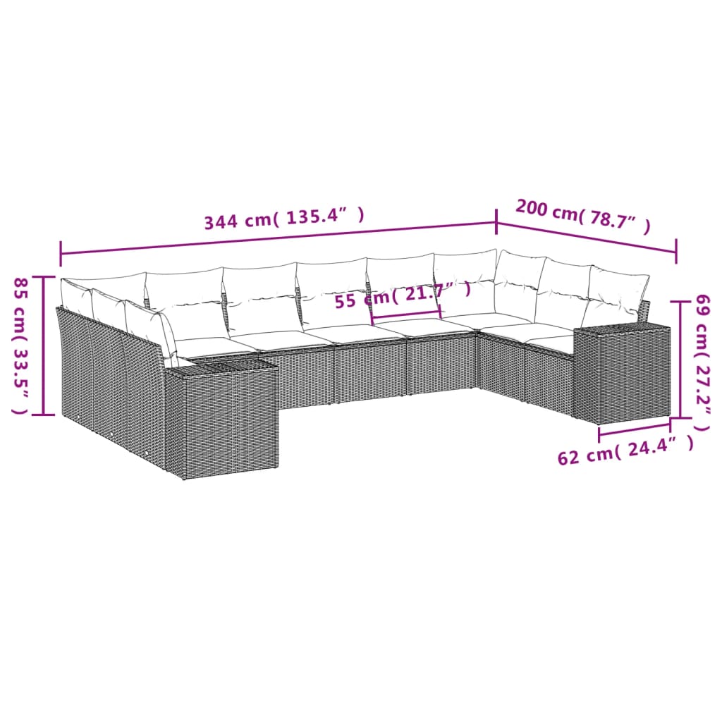 10-teiliges Gartensofa-Set mit Kissen, grau, Polyrattan
