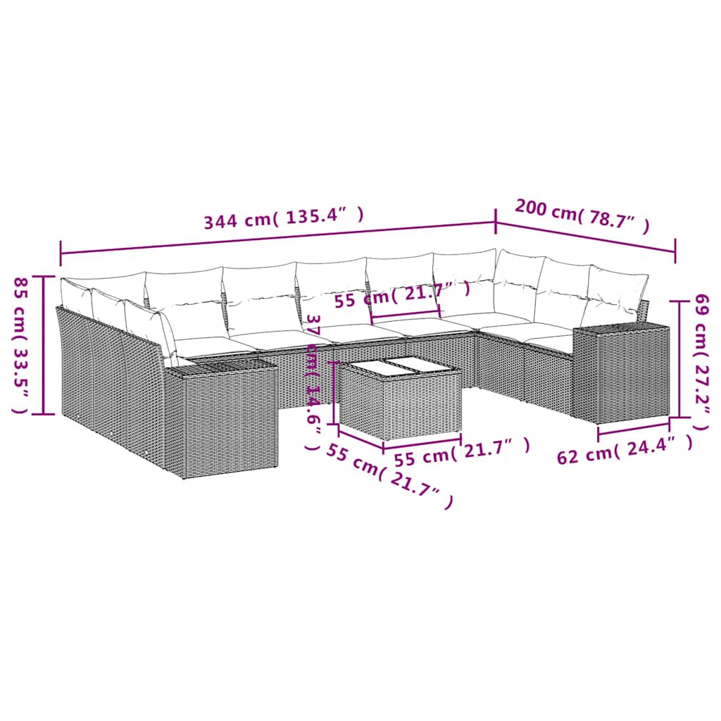 11-tlg. Garten-Sofagarnitur mit Kissen Hellgrau Poly Rattan