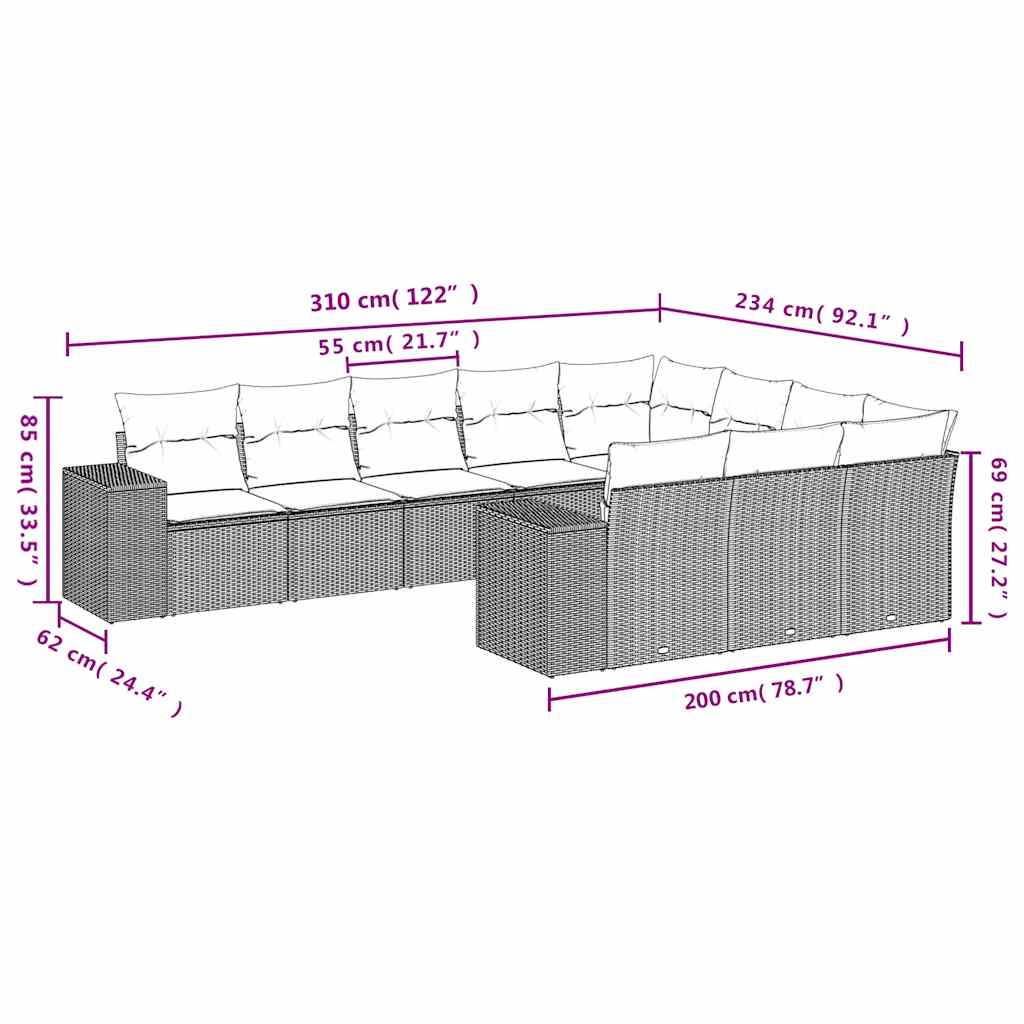 10-teiliges Gartensofa-Set mit Kissen, grau, Polyrattan