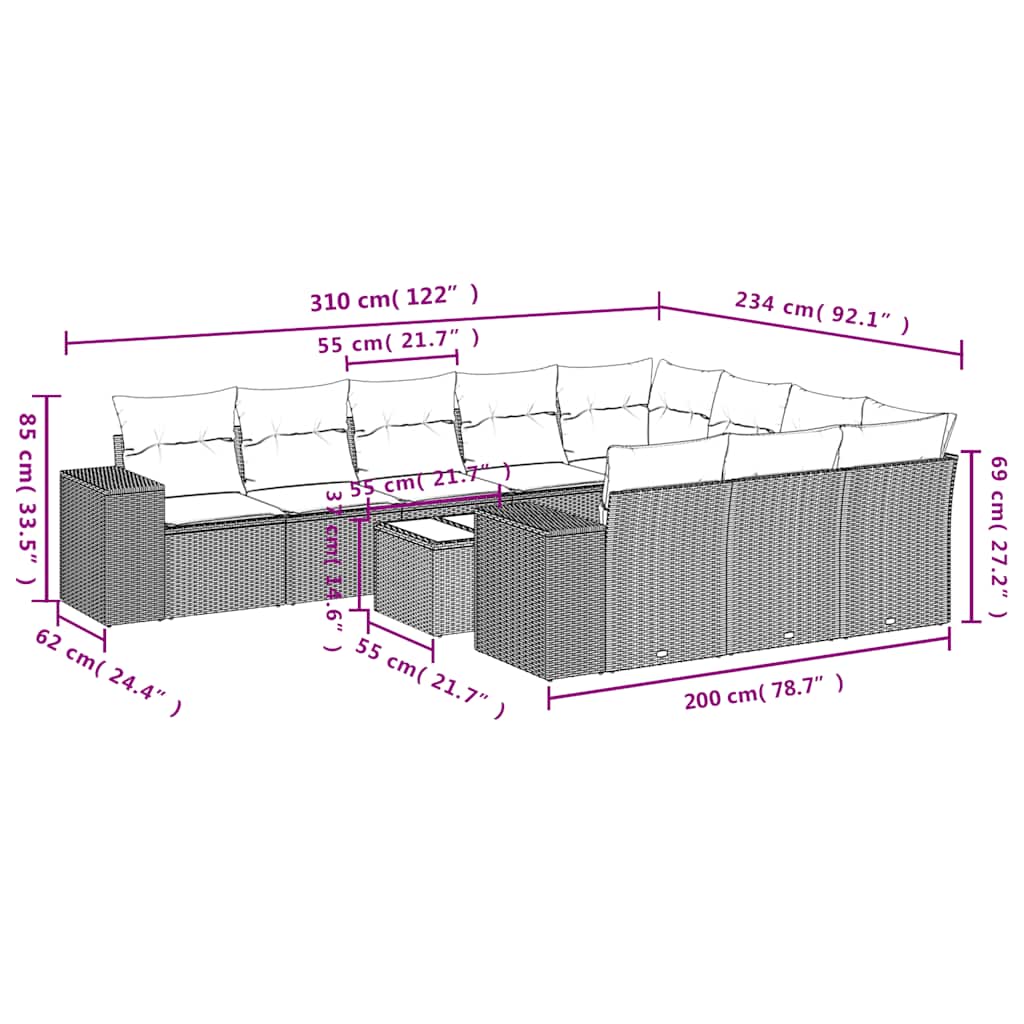 11-teiliges Gartensofa-Set mit Kissen, braun, Polyrattan