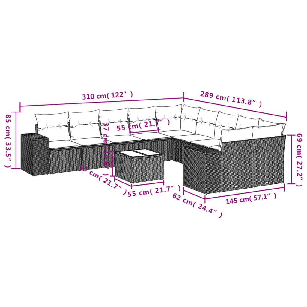 11-tlg. Garten-Sofagarnitur mit Kissen Braun Poly Rattan