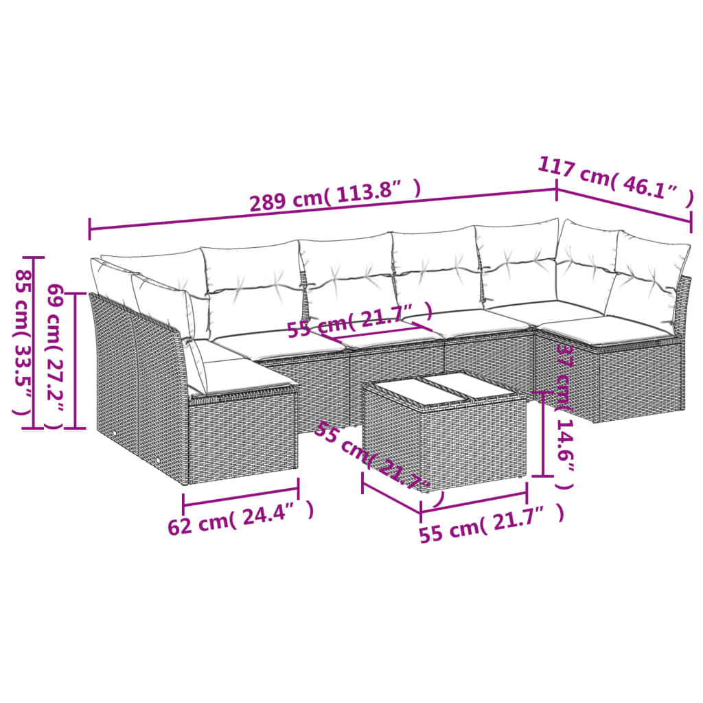 8-tlg. Garten-Sofagarnitur mit Kissen Beige Poly Rattan