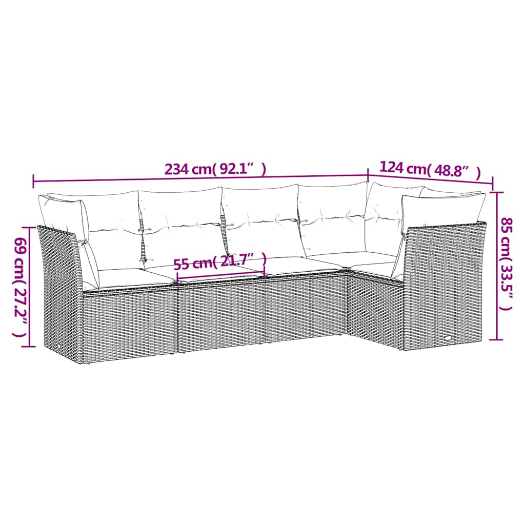 5-tlg. Garten-Sofagarnitur mit Kissen Hellgrau Poly Rattan