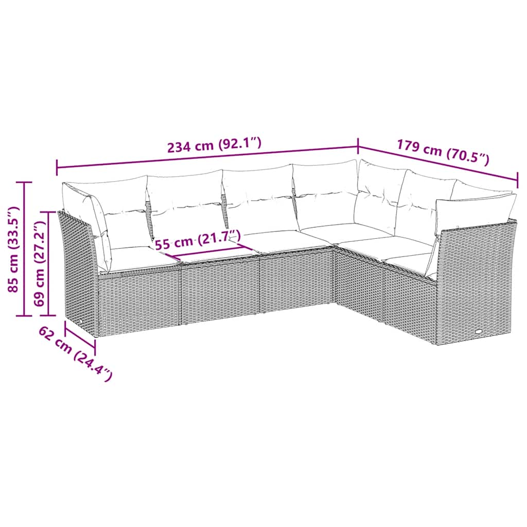 6-tlg. Garten-Sofagarnitur mit Kissen Hellgrau Poly Rattan