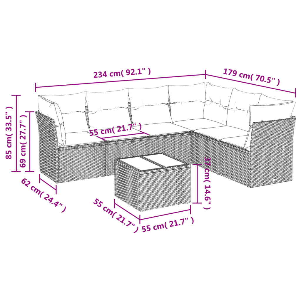 7-tlg. Garten-Sofagarnitur mit Kissen Grau Poly Rattan