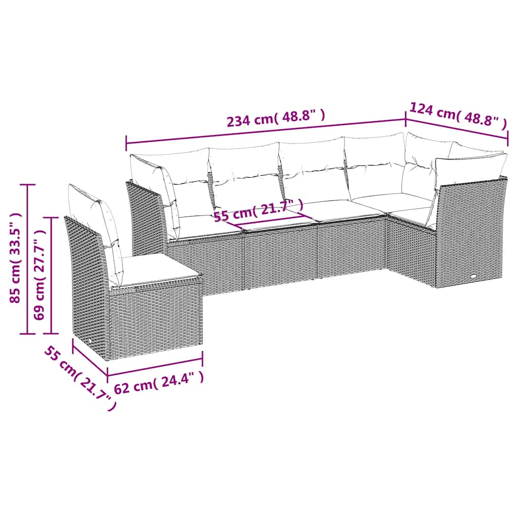 6-tlg. Garten-Sofagarnitur mit Kissen Schwarz Poly Rattan