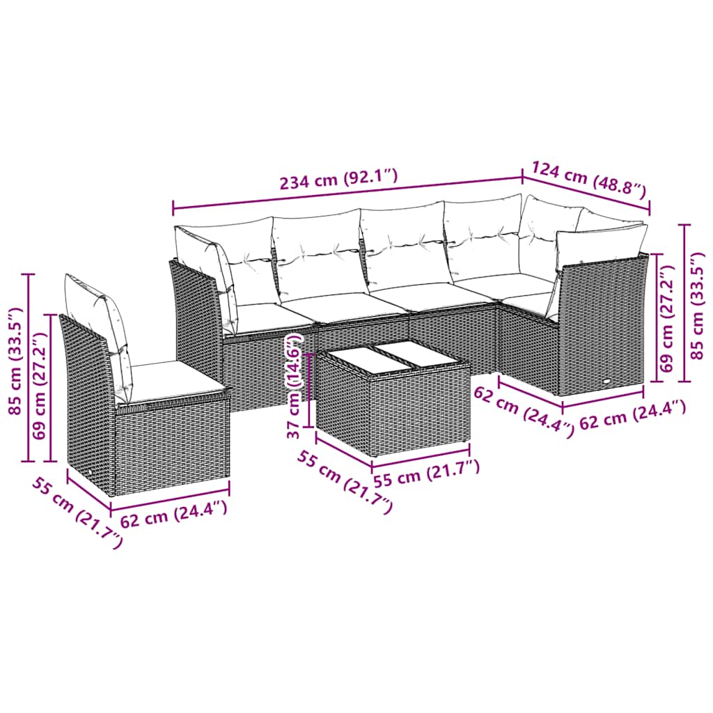 7-tlg. Garten-Sofagarnitur mit Kissen Hellgrau Poly Rattan