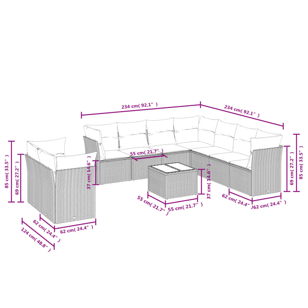 10-teiliges Gartensofa-Set mit Kissen, schwarzes Polyrattan