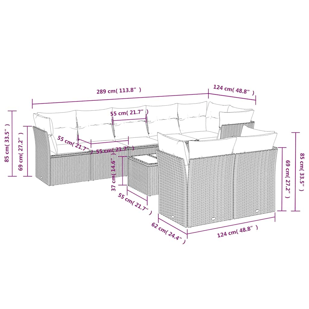 9-tlg. Garten-Sofagarnitur mit Kissen Schwarz Poly Rattan