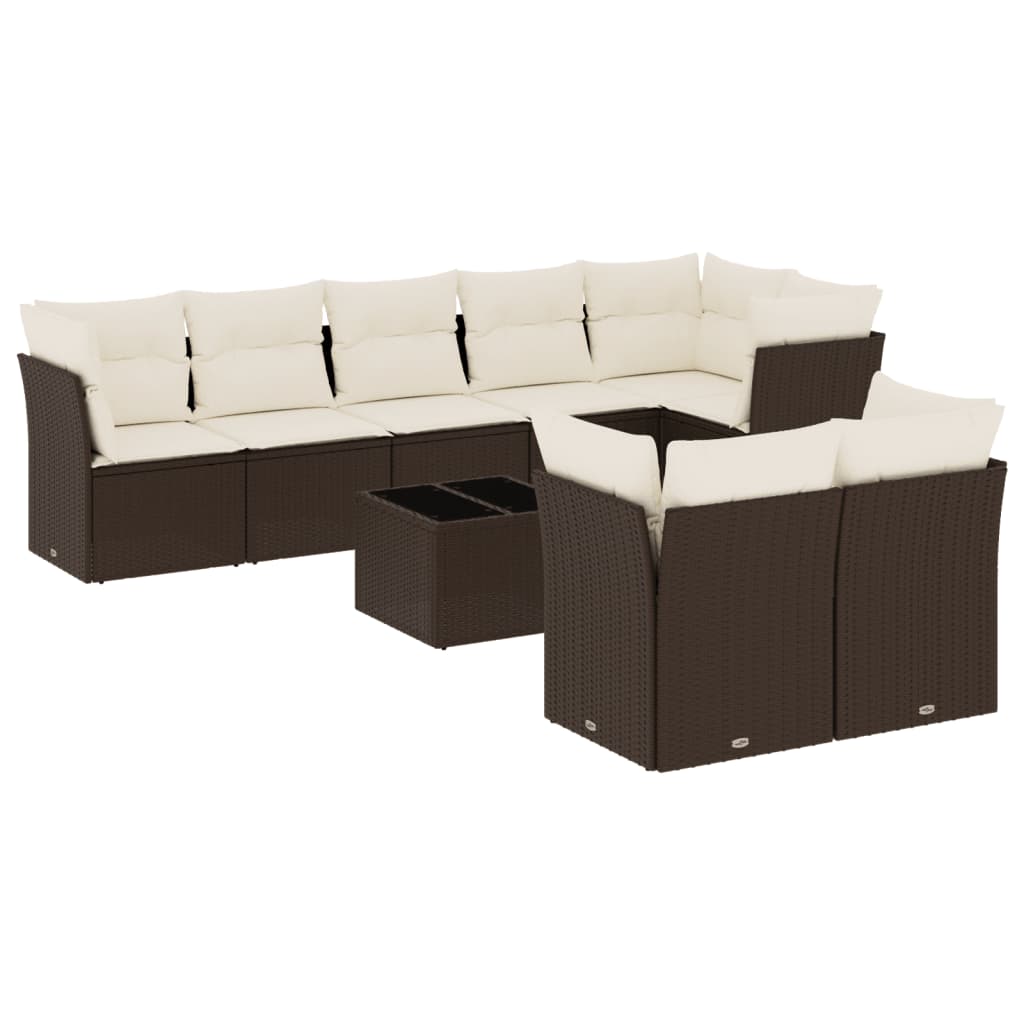 9-tlg. Garten-Sofagarnitur mit Kissen Braun Poly Rattan
