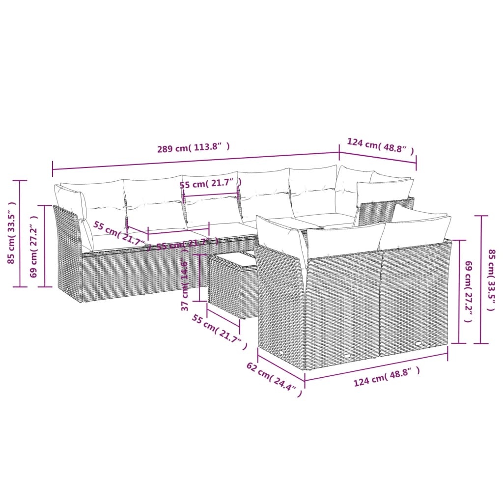 9-tlg. Garten-Sofagarnitur mit Kissen Braun Poly Rattan