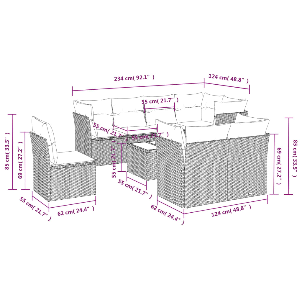 9-tlg. Garten-Sofagarnitur mit Kissen Grau Poly Rattan