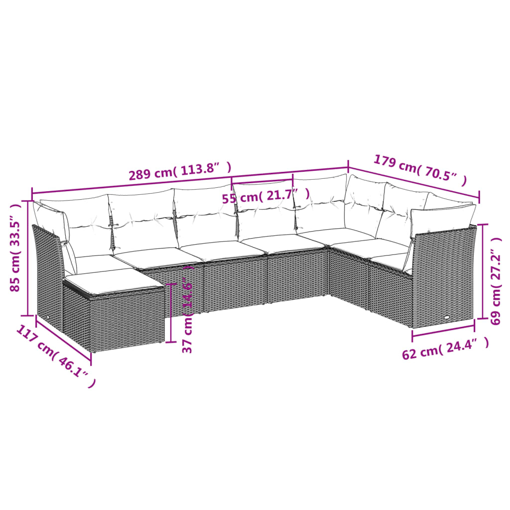 8-tlg. Garten-Sofagarnitur mit Kissen Grau Poly Rattan