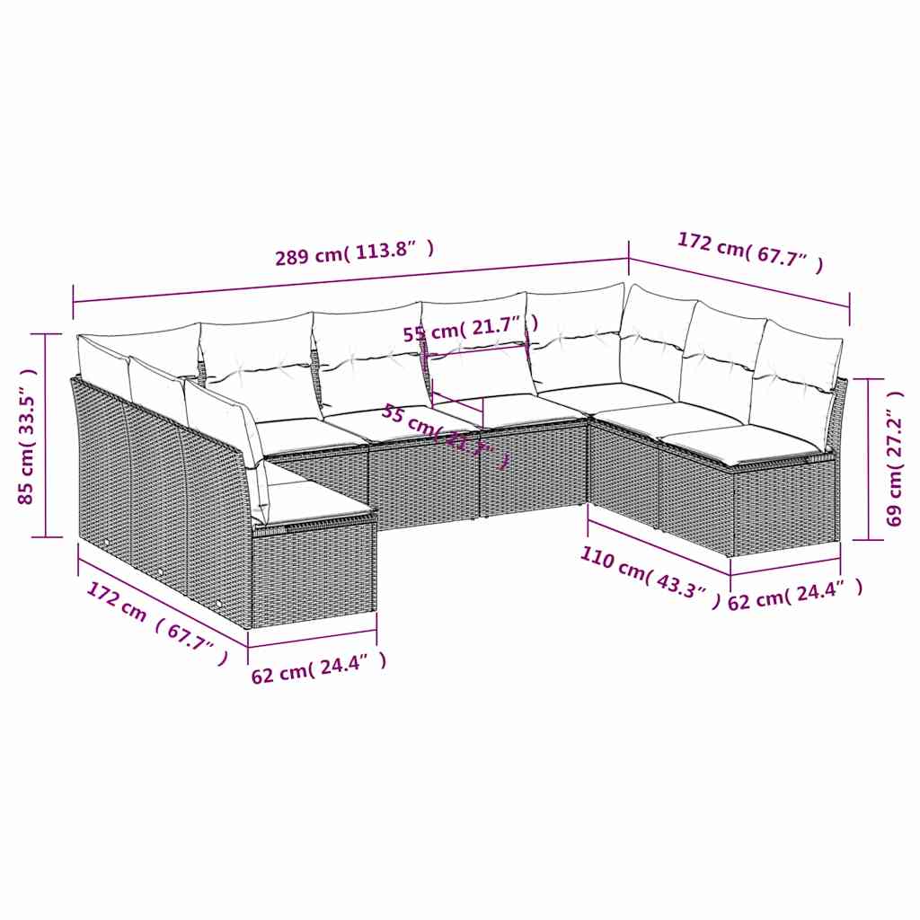 9-teiliges Gartensofa-Set mit Kissen, schwarzes Polyrattan