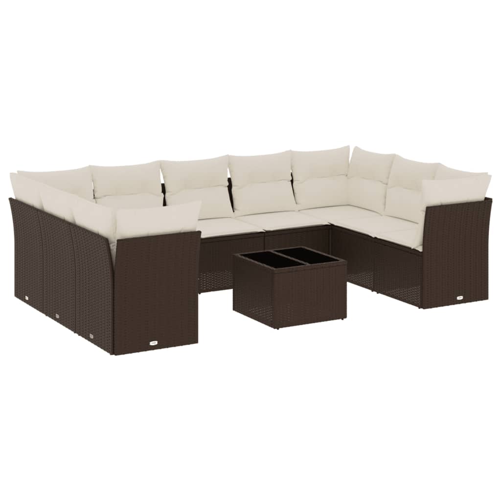 10-tlg. Garten-Sofagarnitur mit Kissen Braun Poly Rattan