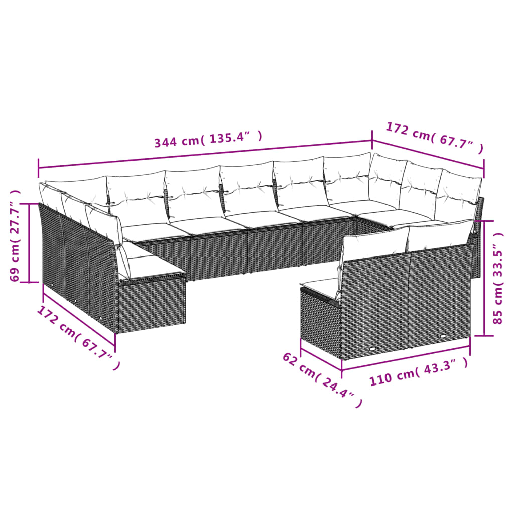 9-tlg. Garten-Sofagarnitur mit Kissen Schwarz Poly Rattan