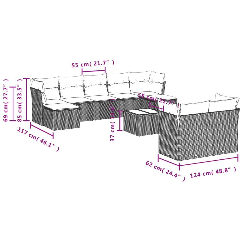 10-tlg. Garten-Sofagarnitur mit Kissen Braun Poly Rattan