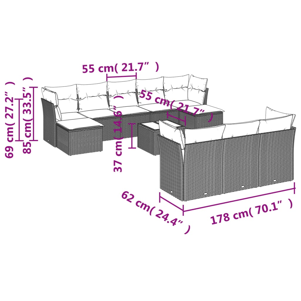 11-teiliges Gartensofa-Set mit Kissen, grau, Polyrattan