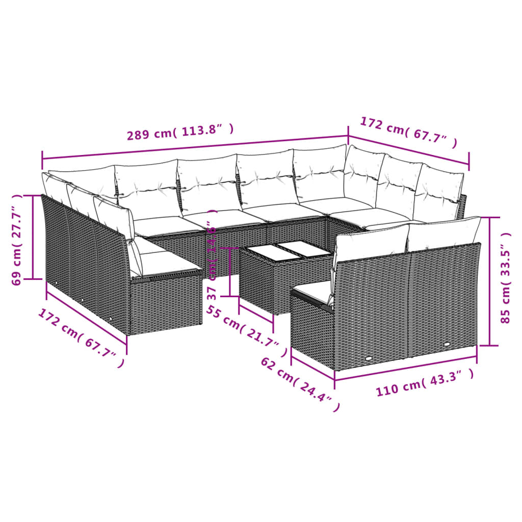 12-teiliges Gartensofa-Set mit Kissen, schwarzes Polyrattan