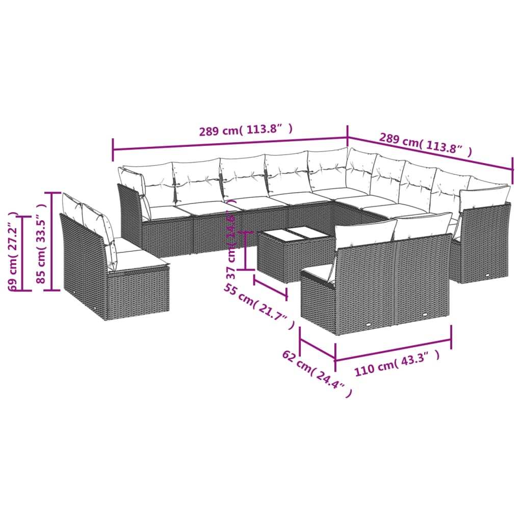 13-teiliges Gartensofa-Set mit Kissen, schwarzes Polyrattan