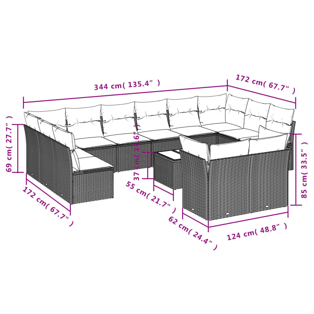 13-teiliges Gartensofa-Set mit Kissen, braun, Polyrattan