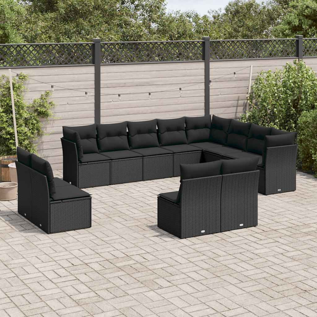 12-tlg. Garten-Sofagarnitur mit Kissen Schwarz Poly Rattan