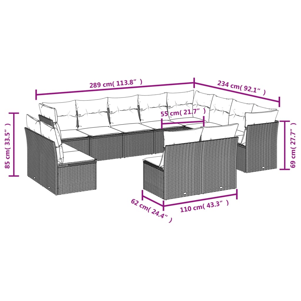12-teiliges Gartensofa-Set mit Kissen, schwarzes Polyrattan