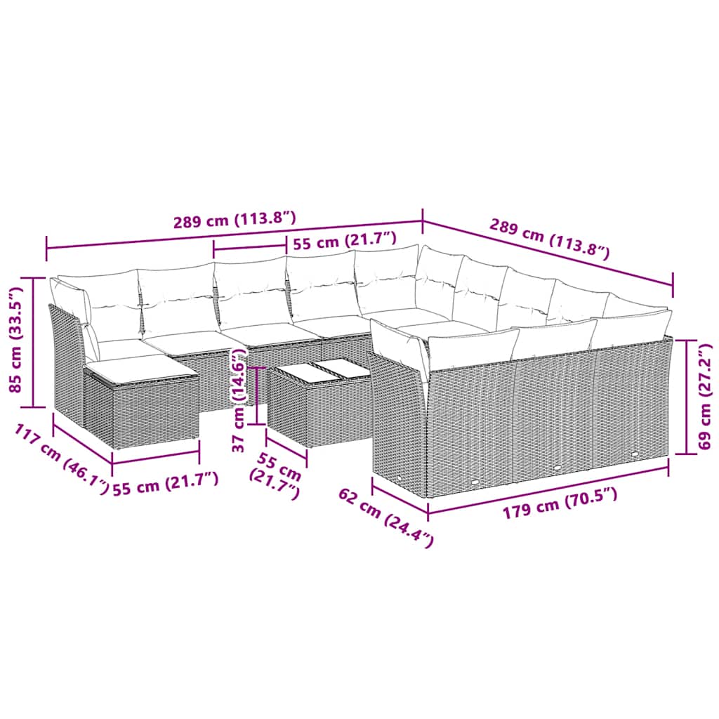 13-tlg. Garten-Sofagarnitur mit Kissen Hellgrau Poly Rattan