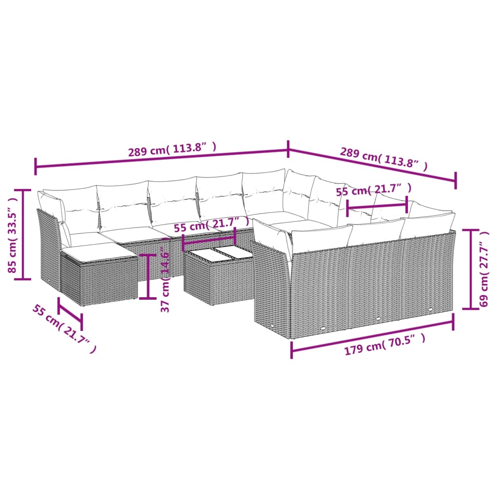 13-tlg. Garten-Sofagarnitur mit Kissen Braun Poly Rattan