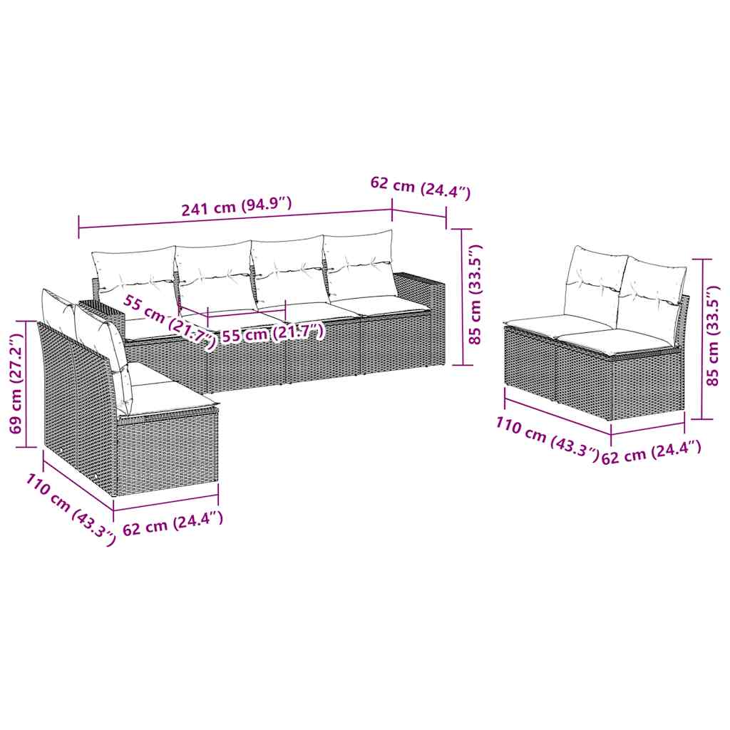 8-tlg. Garten-Sofagarnitur mit Kissen Braun Poly Rattan