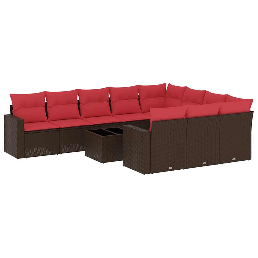 11-tlg. Garten-Sofagarnitur mit Kissen Braun Poly Rattan
