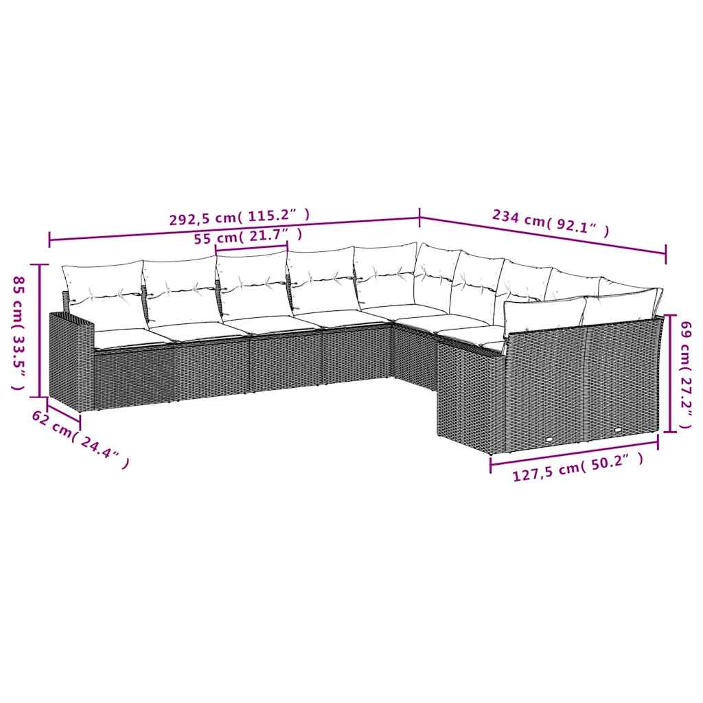 10-tlg. Garten-Sofagarnitur mit Kissen Schwarz Poly Rattan