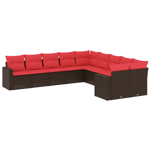 10-tlg. Garten-Sofagarnitur mit Kissen Braun Poly Rattan