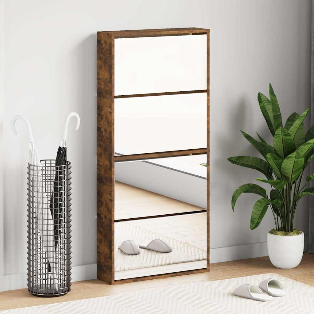 Schuhschrank mit Spiegel 4 Fächer Räuchereiche 63x17x134 cm