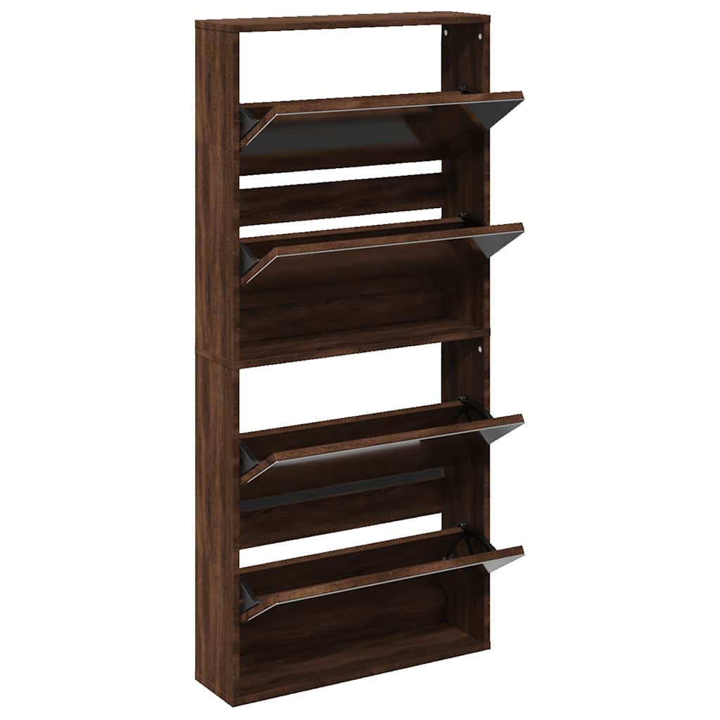 Schuhschrank mit Spiegel 4 Fächer Braun Eiche-Optik 63x17x134cm