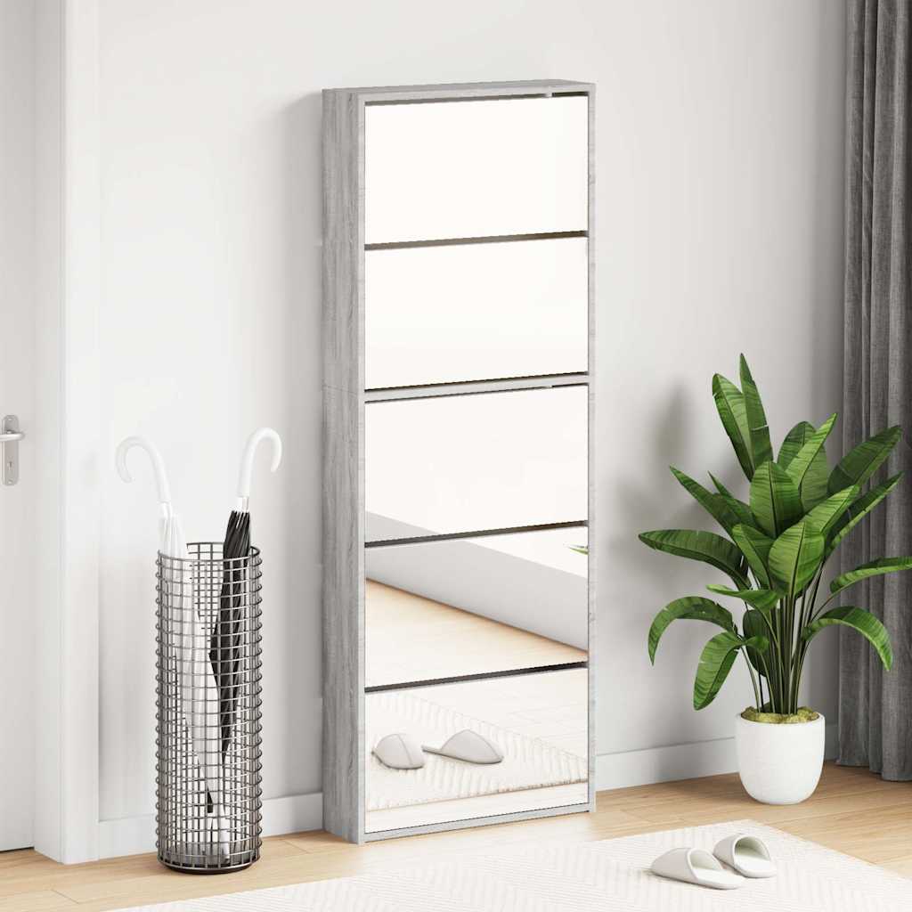 Schuhschrank mit Spiegel 5 Fächer Grau Sonoma 63x17x169,5 cm