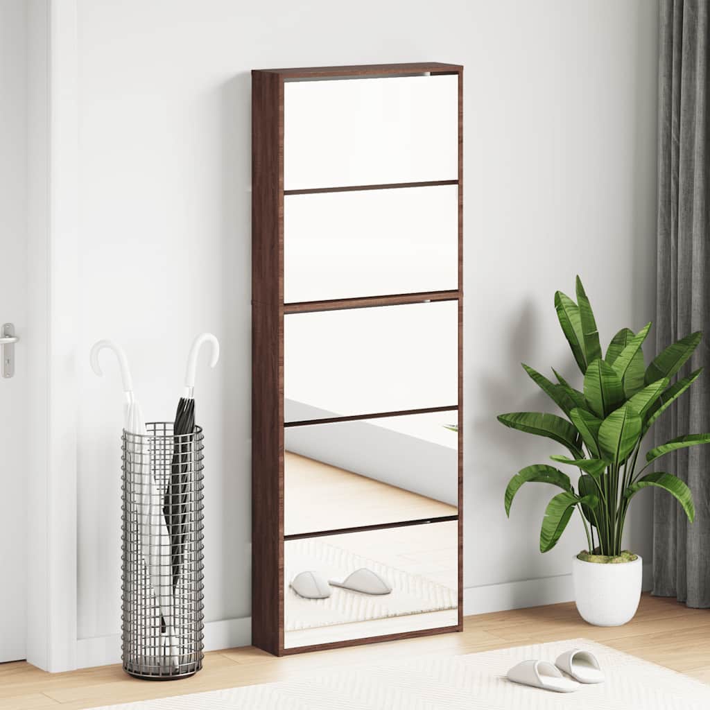 Schuhschrank mit Spiegel 5 Fächer Braun Eiche 63x17x169,5 cm