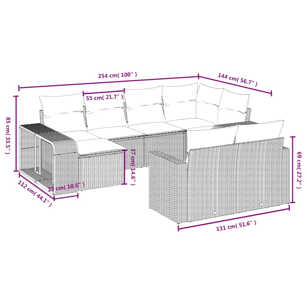10-teiliges Gartensofa-Set mit Kissen, braun, Polyrattan