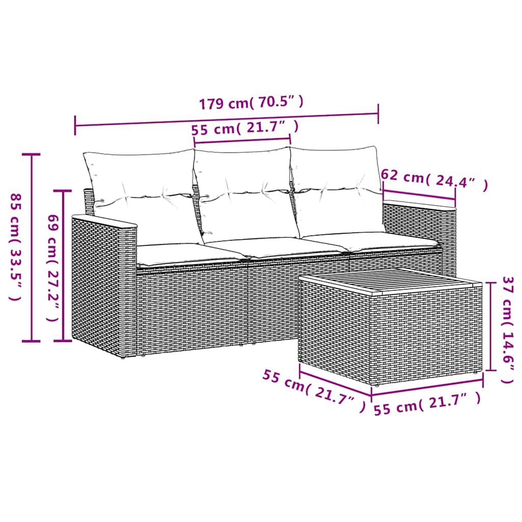 4-teiliges Gartensofa-Set mit Kissen, schwarzes Polyrattan
