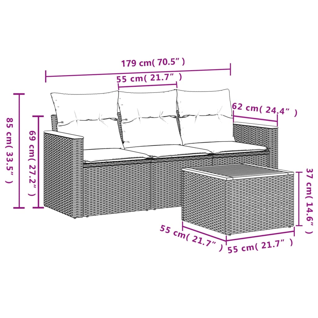 4-tlg. Garten-Sofagarnitur mit Kissen Grau Poly Rattan