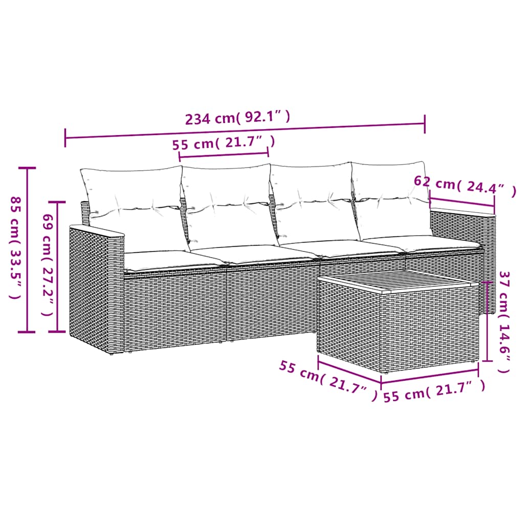 5-tlg. Garten-Sofagarnitur mit Kissen Schwarz Poly Rattan