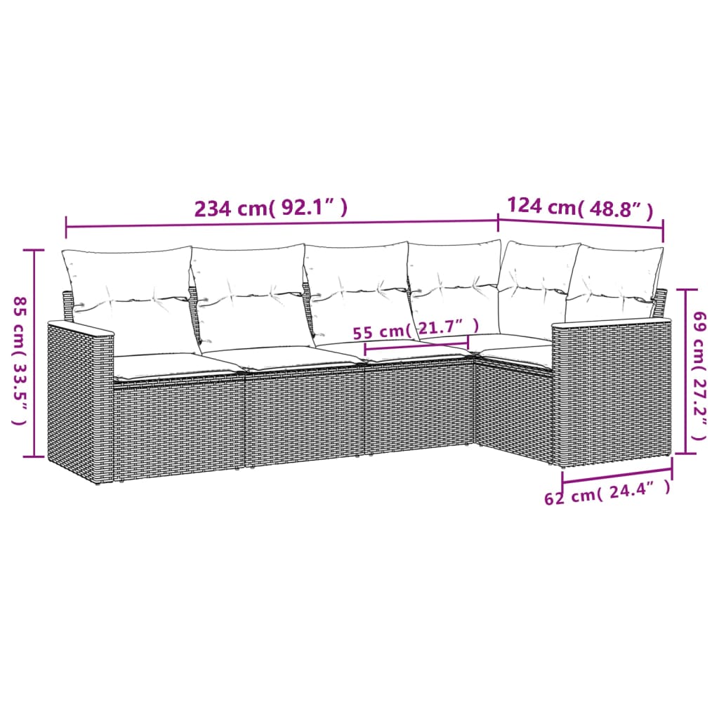 5-teiliges Gartensofa-Set mit Kissen, grau, Polyrattan