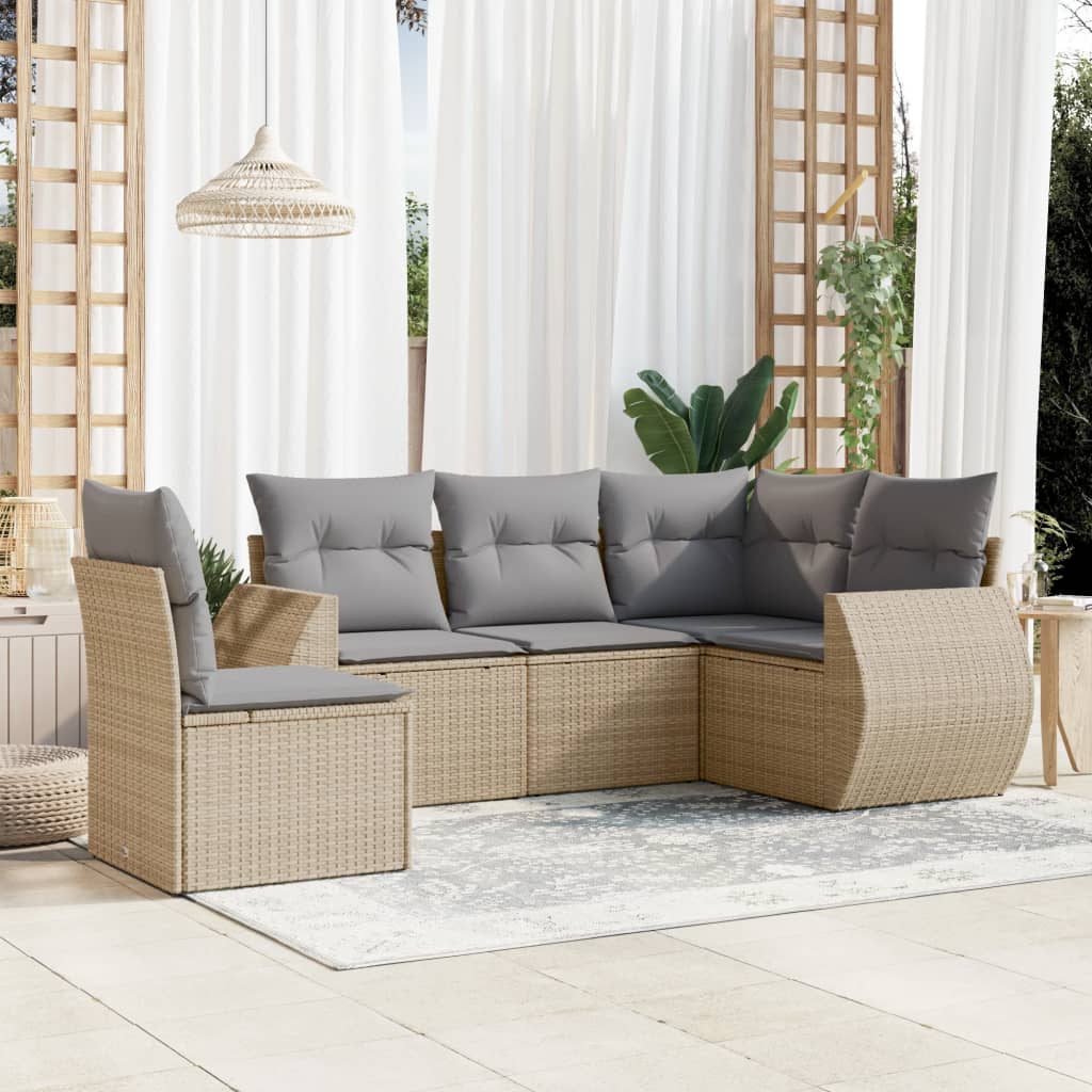 5-tlg. Garten-Sofagarnitur mit Kissen Beige Poly Rattan