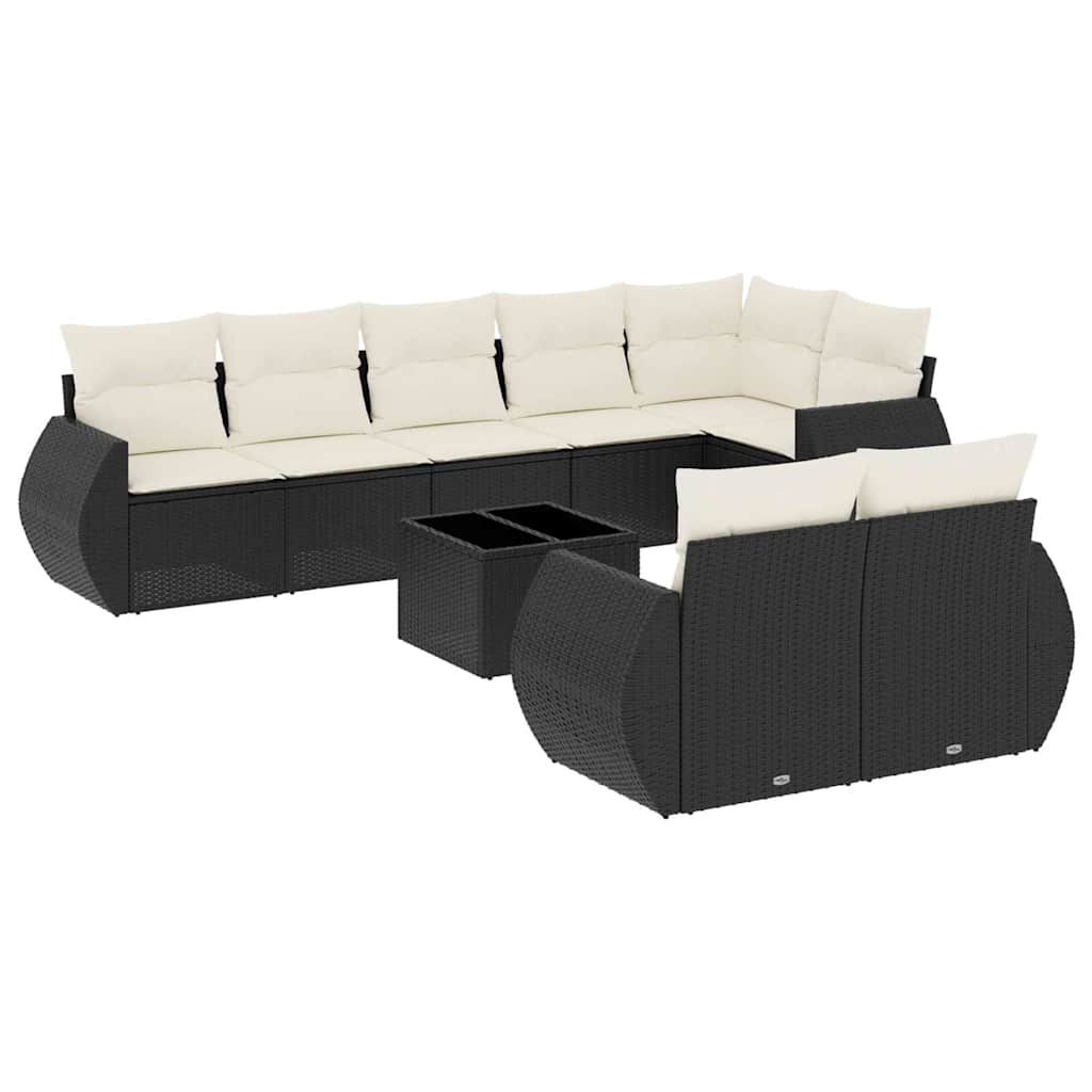 9-tlg. Garten-Sofagarnitur mit Kissen Schwarz Poly Rattan