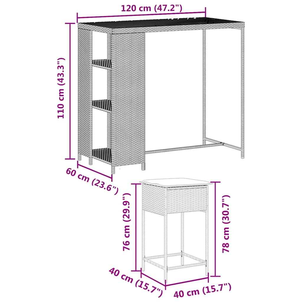 5-tlg. Gartenbar-Set mit Kissen Schwarz Poly Rattan