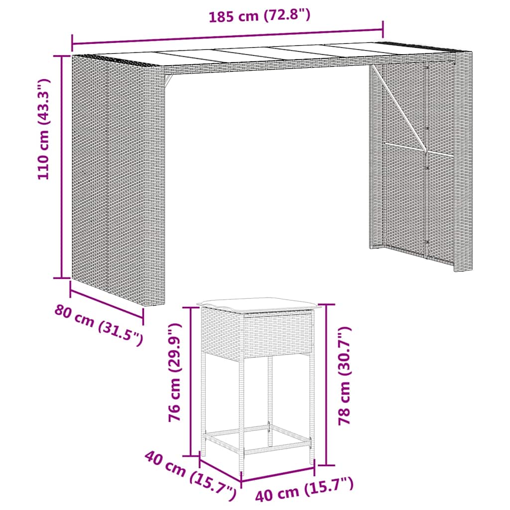 9-tlg. Gartenbar-Set mit Kissen Schwarz Poly Rattan