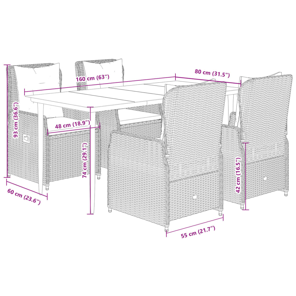 5-tlg. Garten-Essgruppe mit Kissen Beige Poly Rattan