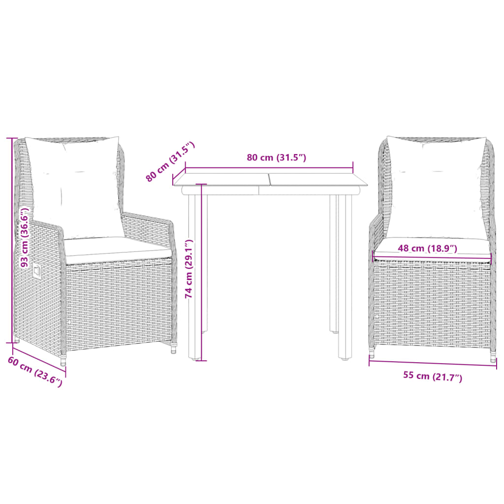 3-tlg. Garten-Essgruppe mit Kissen Beige Poly Rattan